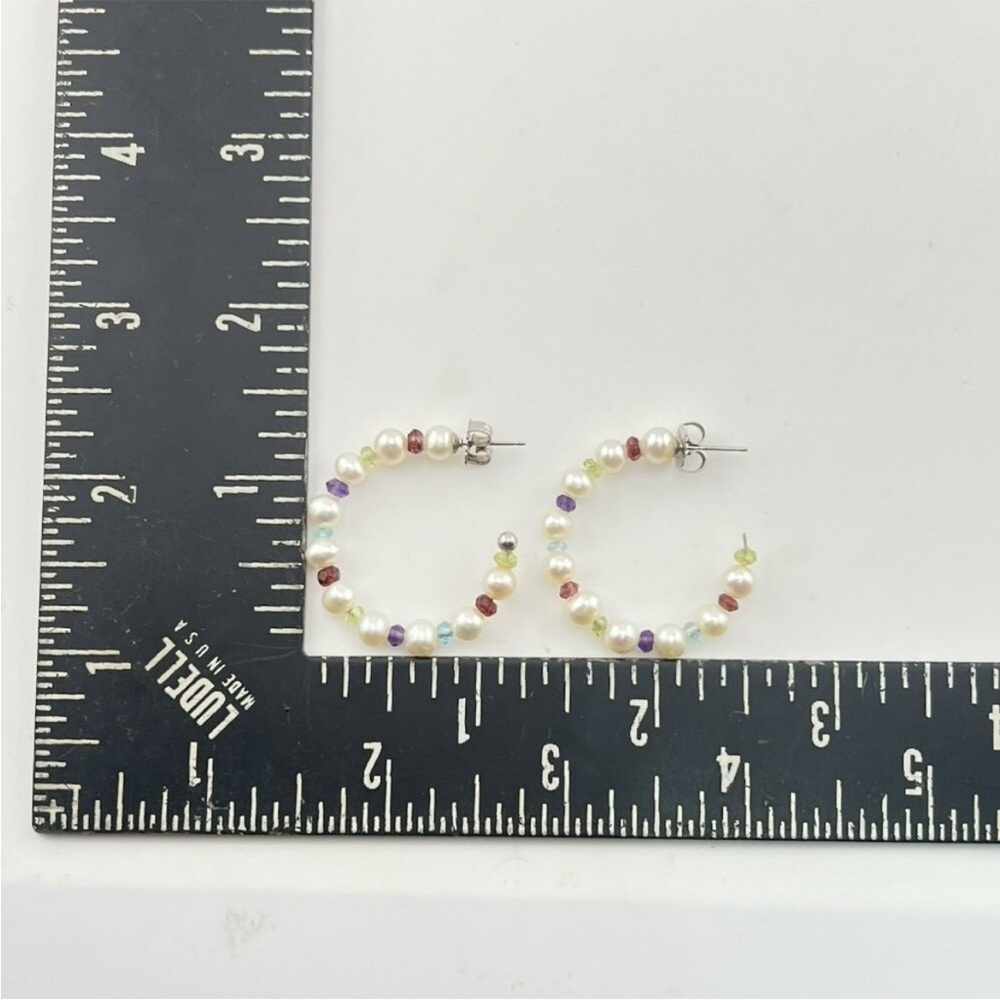 Honora “As Is” White Pearl & Multi-Gemstone 1-1/4” Hoop Earrings - Picture 12 of 14
